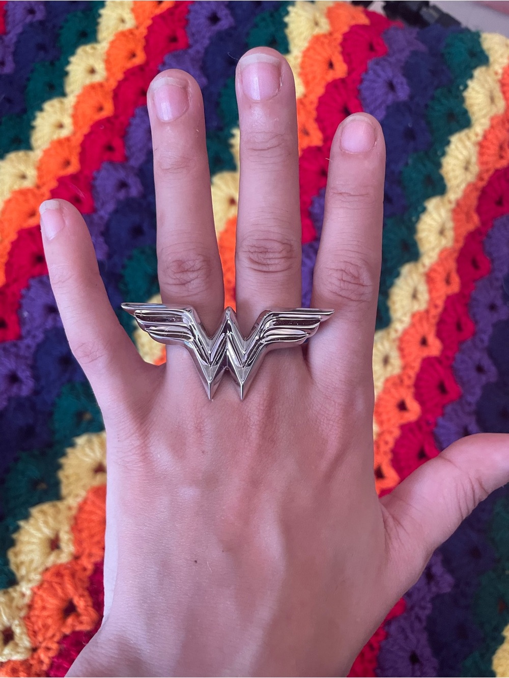 New Noir Wonder Woman Wing Logo Silver Tone Metal Band Ring Size 7 /8
